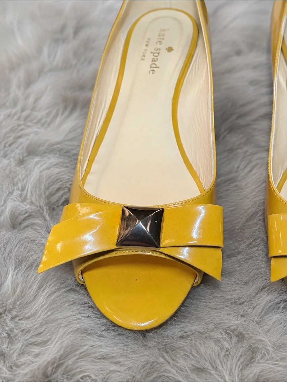 kate spade Brown Patent Peep Toe Flats with Bow & Pyramid Stud